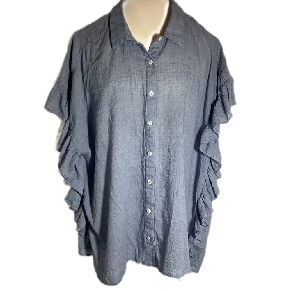 ENTRO Womens Top/Blouse, size L, ruffles, button front, collar, rayon/linen